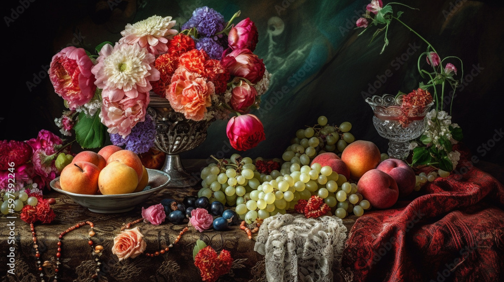 Generate a description of a beautiful composition of a silk flowing tablecloth, a bouquet of flowers in a beautiful vase, exotic fruits with a pineapple in the center, and an inter Generative AI
