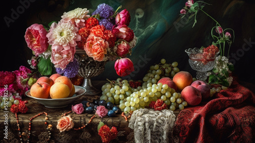 Generate a description of a beautiful composition of a silk flowing tablecloth  a bouquet of flowers in a beautiful vase  exotic fruits with a pineapple in the center  and an inter Generative AI