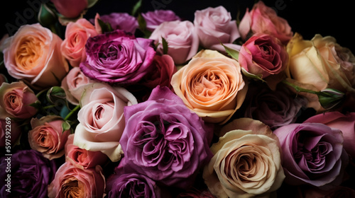 Generate a description of a beautiful composition of beautiful roses  exotic fruits  and silk in soft pastel lilac tones  using 200 words. Please only leave nouns and adjectives an Generative AI