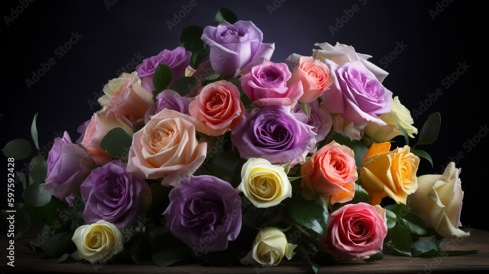 Generate a description of a beautiful composition of beautiful roses, exotic fruits, and silk in soft pastel lilac tones, using 200 words. Please only leave nouns and adjectives an Generative AI