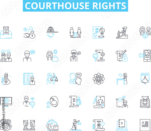 Courthouse rights linear icons set. Advocacy, Litigation, Due process, Civil rights, Jury, Defense, Evidence line vector and concept signs. Constitution,Appeal,Judicial outline illustrations