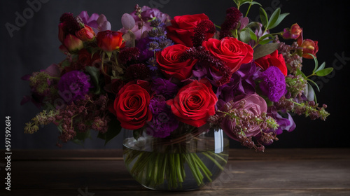 The composition includes bright red roses with a rich hue and purple dried flowers with a graceful shape. Roses look fresh and delicate, and dried flowers add zest and special beau Generative AI