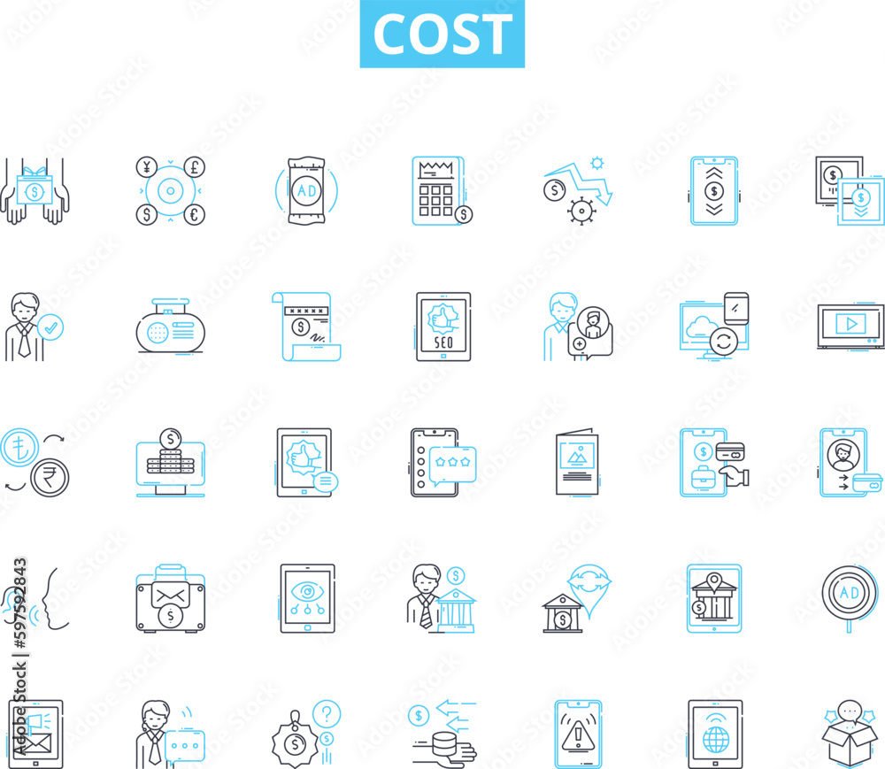 Cost linear icons set. Expense, Budget, Price, Value, Investment, Worth, Account line vector and concept signs. Outlay,Spending,Costliness outline illustrations