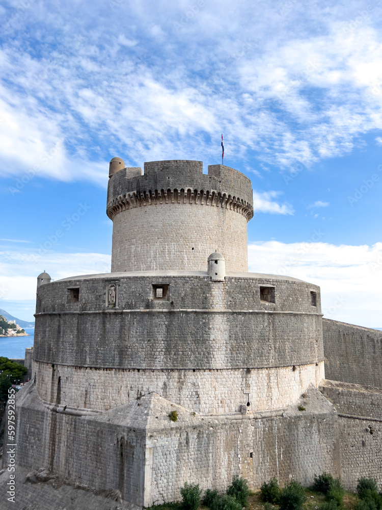 Ancient stone tower of Minceta against the sky. Dubrovnik, Croatia