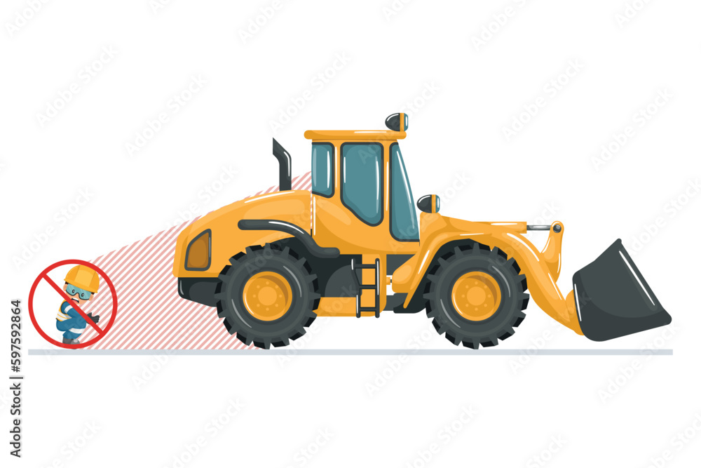 Blind spots of a front loader. Safety in handling a front loader. Security First. Accident prevention at work. Industrial Safety and Occupational Health
