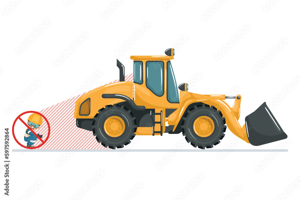 Blind spots of a front loader. Safety in handling a front loader. Security First. Accident prevention at work. Industrial Safety and Occupational Health Blind spots of a front loader. Safety in handling a front loader. Security First. Accident prevention at work. Industrial Safety and Occupational Health