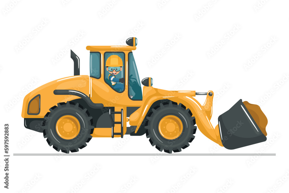 Industrial worker with his personal protection equipment driving a front loader. Safety in handling a front loader. Accident prevention at work. Industrial Safety and Occupational Health