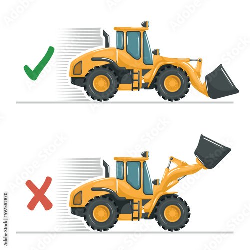 Do not drive with the front loader bucket raised or with a elevated load. Safety in handling a front loader. Security First. Accident prevention at work. Industrial Safety and Occupational Health