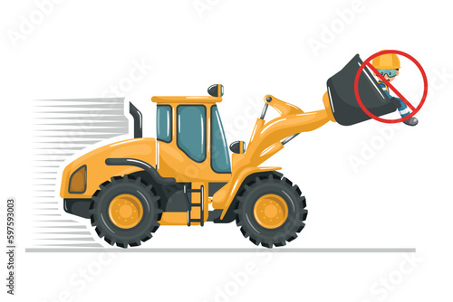 Transporting people on the front loader bucket is prohibited. Safety in handling a front loader. Security First. Accident prevention at work. Industrial Safety and Occupational Health
