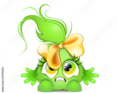 Cute fluffy funny green angry cartoon monster with shaggy hair tail