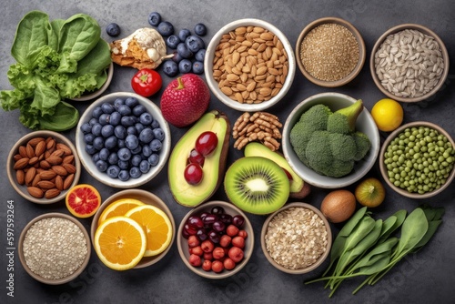 A colorful selection of healthy food for clean eating  including fruits  vegetables  seeds  superfoods  cereals  and leafy greens. Image Generated by Ai