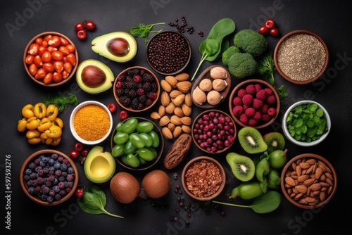 A colorful selection of healthy food for clean eating  including fruits  vegetables  seeds  superfoods  cereals  and leafy greens. Image Generated by Ai