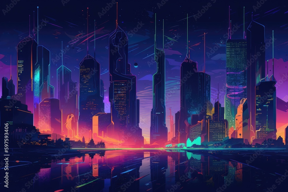 Futuristic cityscape with towering skyscrapers, neon lights, and flying vehicles, representing a world of advanced technology and urban sophistication. Generative AI