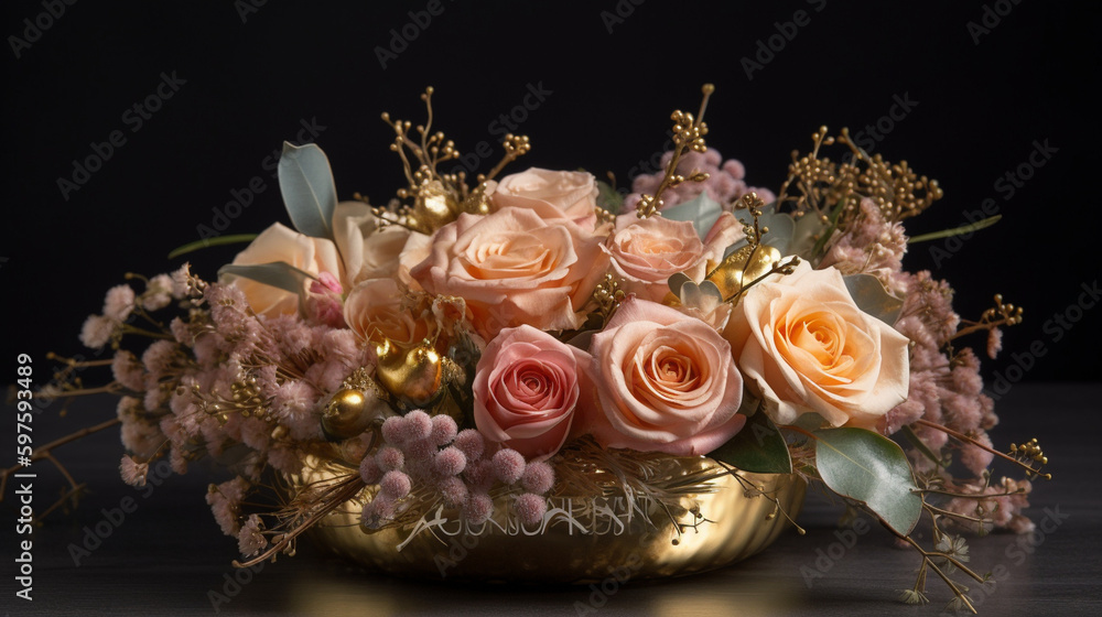 A beautiful rose ikebana in gold, a scattering of pearls, luxury and simplicity, silk pastel shades - these are the key words that describe this composition. In this ikebana, delic Generative AI