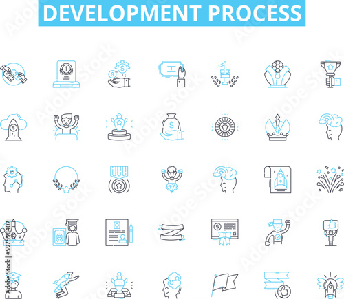 Development process linear icons set. Analysis, Planning, Design, Coding, Testing, Debugging, Integration line vector and concept signs. Deployment,Maintenance,Optimization outline illustrations