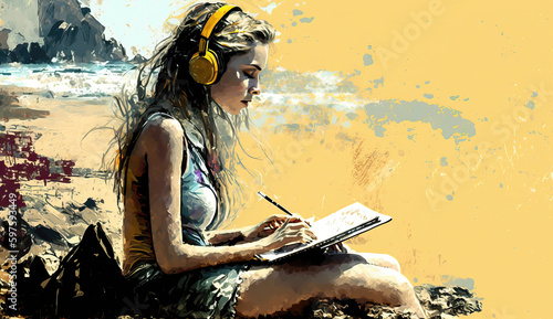 Illustration from  woman sitting and writing outside with copy space created with Generative AI technology