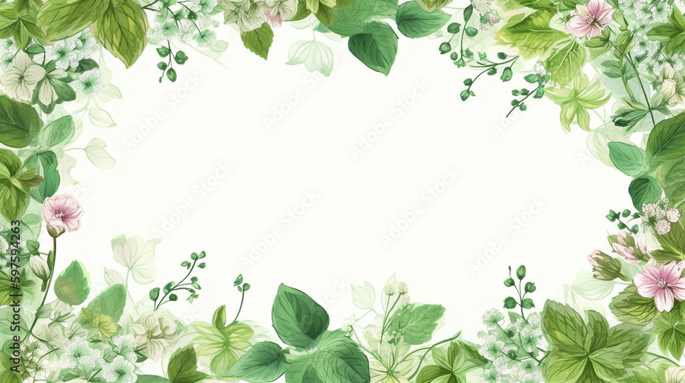 Generate a description of a floral frame around a rectangle made of young green mint leaves on a white background in 200 words. Leave only nouns and adjectives. Separate words with Generative AI Generate a description of a floral frame around a rectangle made of young green mint leaves on a white background in 200 words. Leave only nouns and adjectives. Separate words with Generative AI