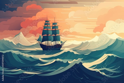 Lonely ship sailing through a stormy sea, with dark clouds and choppy waves, evoking a sense of adventure and uncertainty. Generative AI