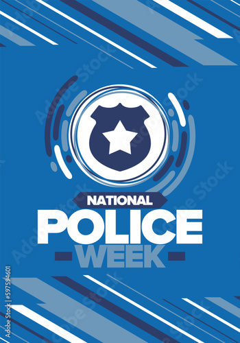 National Police Week. Celebrated annual in May. In honor of the United States police hero. Police badge and star. Officers Memorial Day. American patriotic design. Vector poster, creative illustration