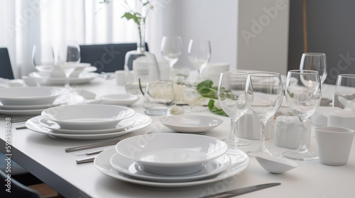 "White dishes and minimalist design create a table that reflects beauty and simplicity in a modern style. White plates, white cups, silver utensils, and clear glasses are presented Generative AI