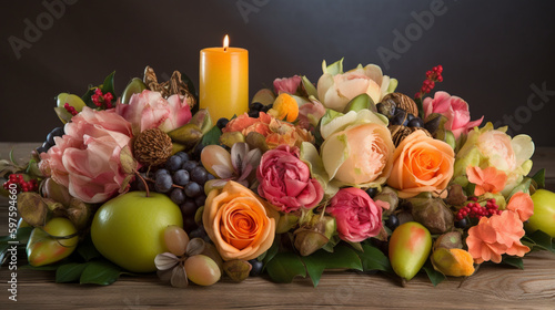 This beautiful composition includes roses  exotic fruits and silk in pastel colors. Roses have vibrant and rich colors  while exotic fruits such as mango and papaya add a fresh and Generative AI