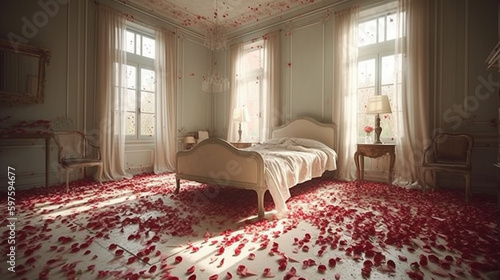 Generate a description of a beautiful room in milky shades sprinkled with red rose petals in 200 words. Leave only nouns and adjectives. Separate the words with commas. Generative AI