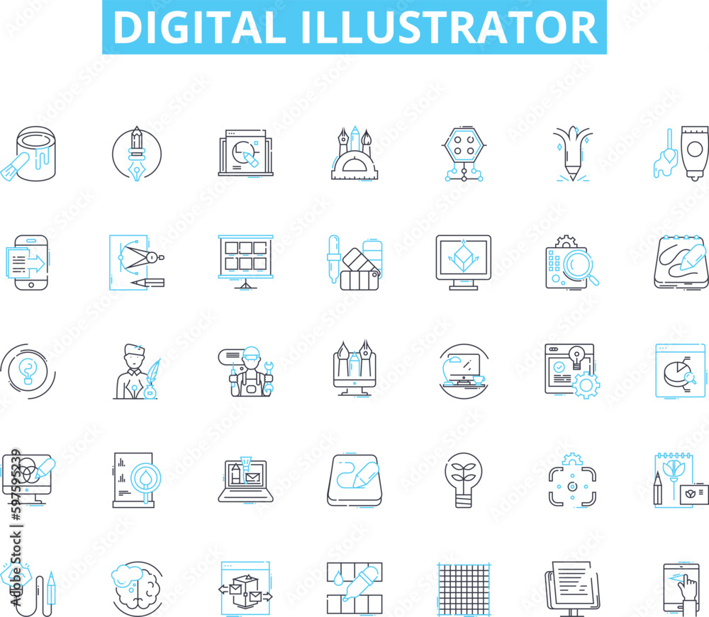 Digital illustrator linear icons set. Vector, Sketch, Layers, Composition, Outline, Illustration, Design line vector and concept signs. Style,Ink,Brush outline illustrations Digital illustrator linear icons set. Vector, Sketch, Layers, Composition, Outline, Illustration, Design line vector and concept signs. Style,Ink,Brush outline illustrations