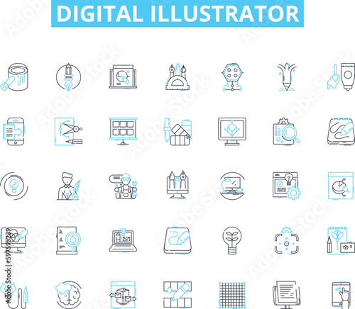 Digital illustrator linear icons set. Vector, Sketch, Layers, Composition, Outline, Illustration, Design line vector and concept signs. Style,Ink,Brush outline illustrations