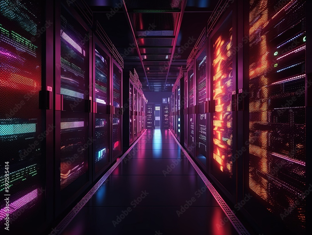 Modern data center with servers and neon light created with Generative AI technology.