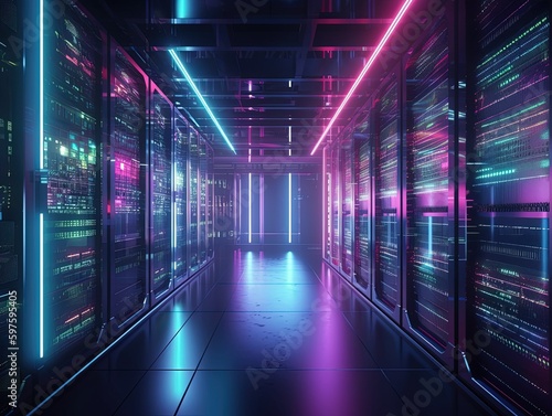 Modern data center with servers and neon light created with Generative AI technology.