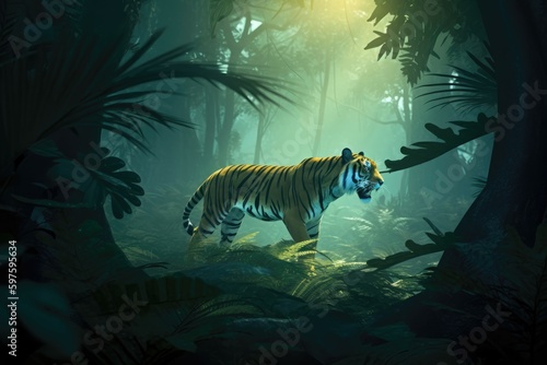 3D cartoon fierce tiger prowling through a misty jungle at night with moonlight shining through the trees. Generative AI © Kanisorn