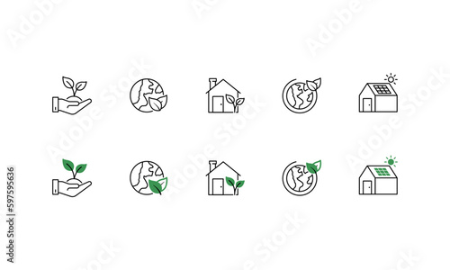 Set of sustainability icon set with Environmentally Friendly symbols with thin line black and black-green color.
