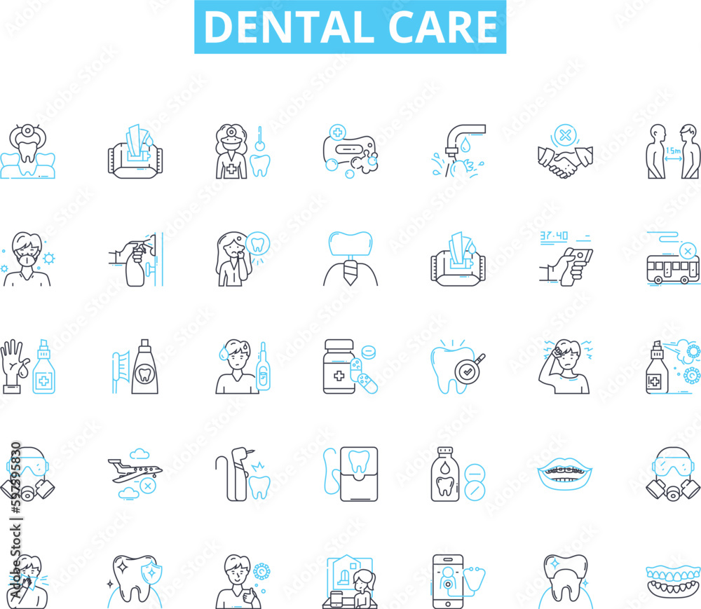 Dental care linear icons set. Oral health, Toothbrush, Flossing, Dentist, Hygiene, Braces, Whitening line vector and concept signs. Mouthwash,Extraction,Implants outline illustrations