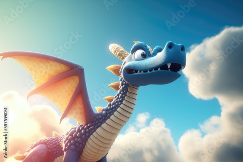3D cartoon magnificent dragon soaring through the clouds in a bright blue sky with the sun shining down. Generative AI
