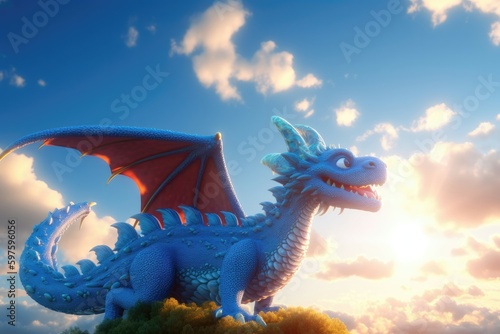 3D cartoon magnificent dragon soaring through the clouds in a bright blue sky with the sun shining down. Generative AI © Kanisorn