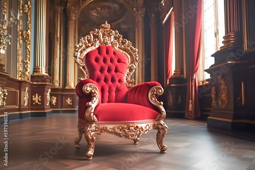 A red luxury chair in a kingdom with a large window behind it generative ai