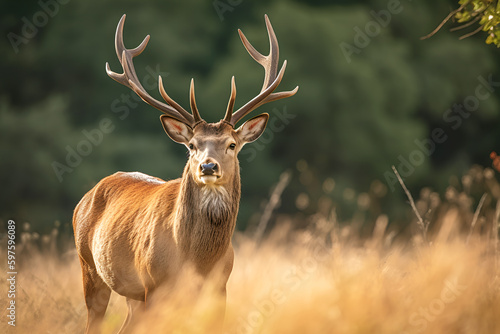 A red deer in a field with trees in the background generative ai photo