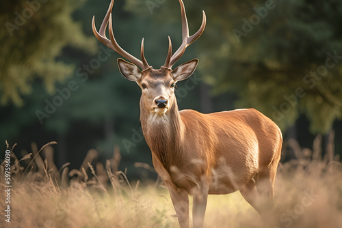 A red deer in a field with trees in the background generative ai