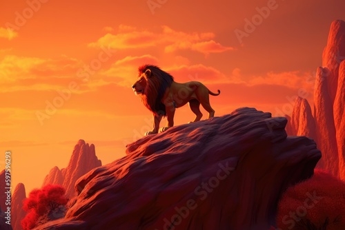 3D cartoon majestic lion standing on a rocky outcrop with a fiery red sunset in the background. Generative AI