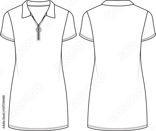 Women's Zip Front, Polo Collar Dress - Technical fashion illustration. Front and back, colored. Women's CAD mock-up.