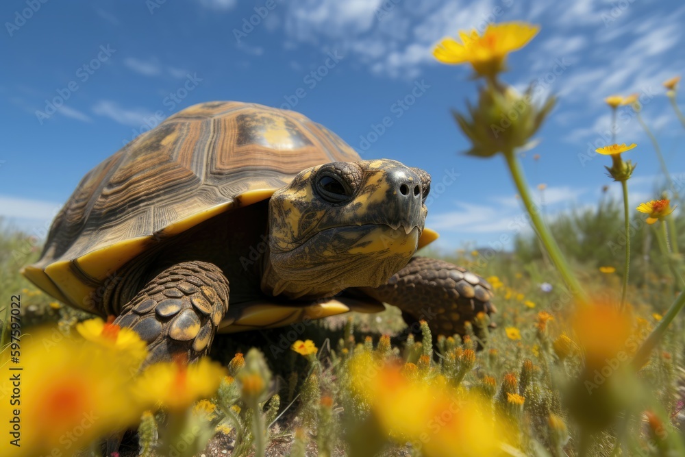 Armored tortoise slowly ambling through a field of wildflowers with a ...