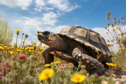 Armored tortoise slowly ambling through a field of wildflowers with a clear blue sky overhead. Generative AI