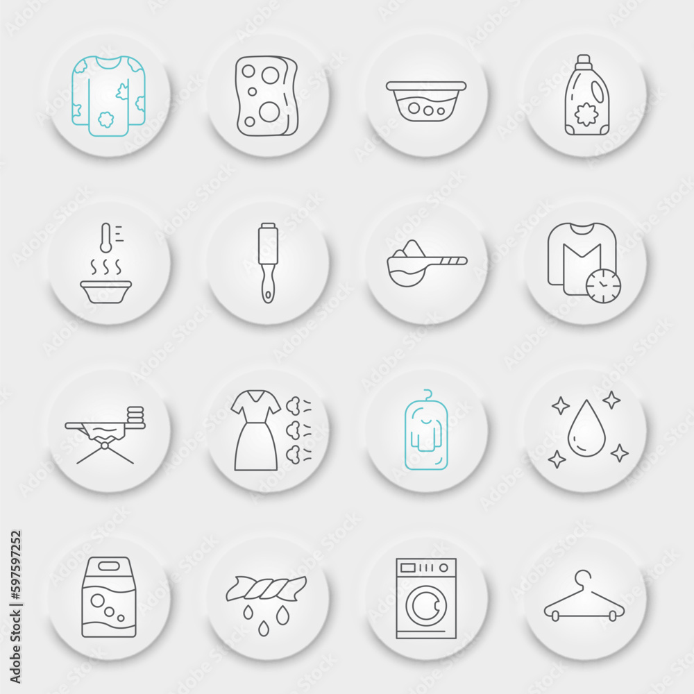 Laundry line icon set, washing symbols collection, vector sketches, neumorphic UI UX buttons, housework signs linear pictograms package isolated on white background, eps 10. Laundry line icon set, washing symbols collection, vector sketches, neumorphic UI UX buttons, housework signs linear pictograms package isolated on white background, eps 10.