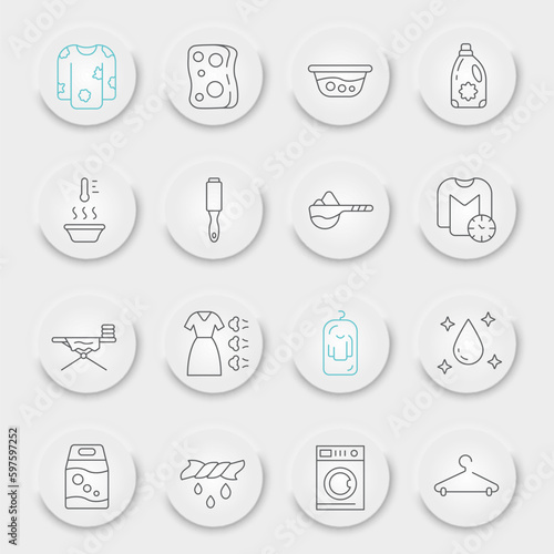 Laundry line icon set  washing symbols collection  vector sketches  neumorphic UI UX buttons  housework signs linear pictograms package isolated on white background  eps 10.