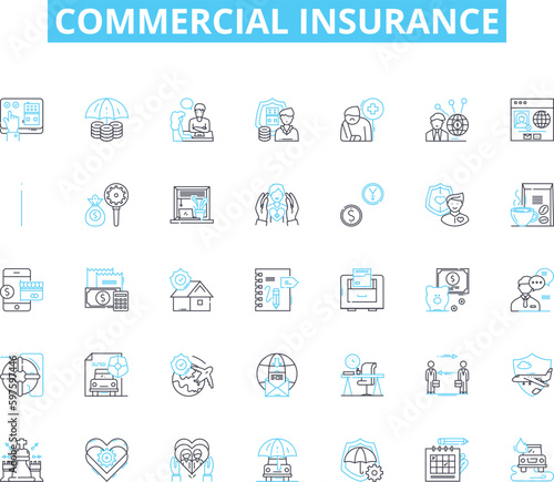 Commercial insurance linear icons set. Protection, Liability, Property, Business, Risk, Policy, Coverage line vector and concept signs. Premium,Claims,Damage outline illustrations