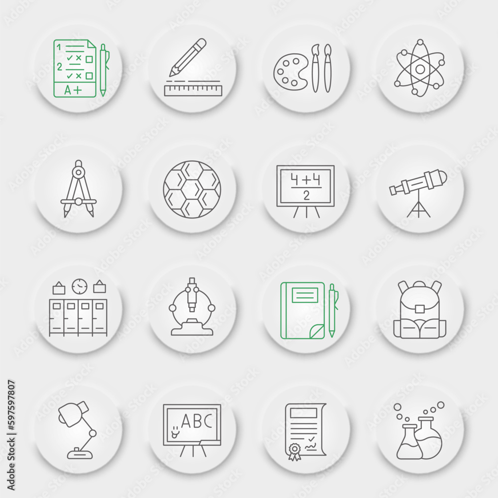 School line icon set, education symbols collection, vector sketches, neumorphic UI UX buttons, study signs linear pictograms package isolated on white background, eps 10. School line icon set, education symbols collection, vector sketches, neumorphic UI UX buttons, study signs linear pictograms package isolated on white background, eps 10.