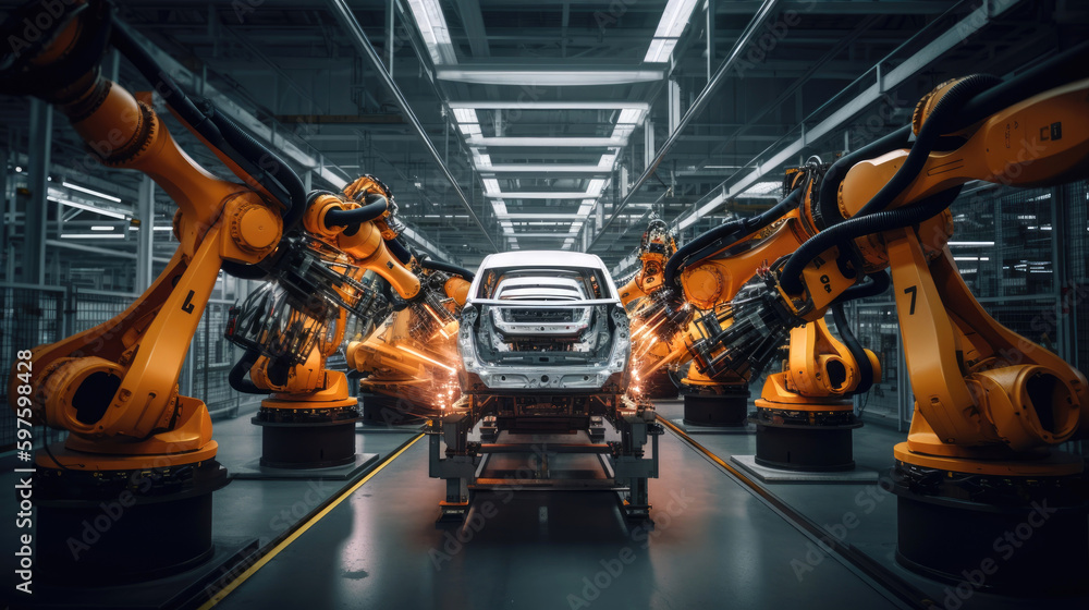 Car factory assembly line with automatic robotic arms working. Generative AI