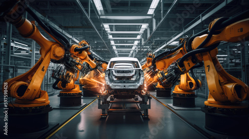 Car factory assembly line with automatic robotic arms working. Generative AI