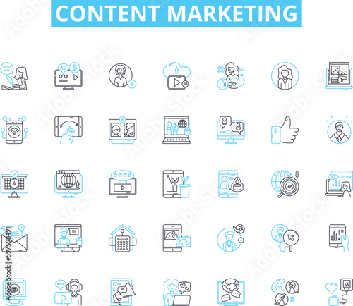 Content marketing linear icons set. Strategy, Blogs, Infographics, Videos, Social media, SEO, Analytics line vector and concept signs. Branding,Engagement,Newsletter outline illustrations