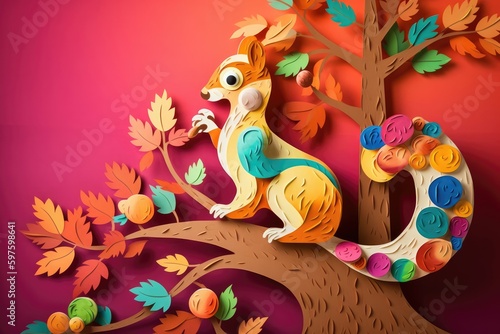 Colorful paper art concept. Cheerful squirrel nibbling on a Christmas cookie and sitting on a decorated tree branch. Generative AI